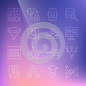 Set line Neural network, Funnel filter, Algorithm, Chat bot, Processor CPU, and Artificial intelligence AI icon. Vector
