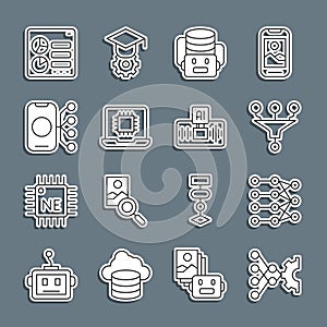Set line Neural network, Funnel filter, Artificial intelligence robot, Processor CPU, Computer api interface and AI icon