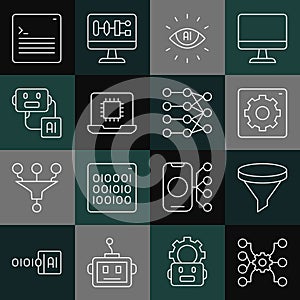 Set line Neural network, Funnel filter, Computer api interface, Artificial intelligence AI, Processor CPU, robot, Web