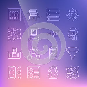 Set line Neural network, Funnel filter, Humanoid robot, Server, Data, Artificial intelligence AI, Binary code and icon