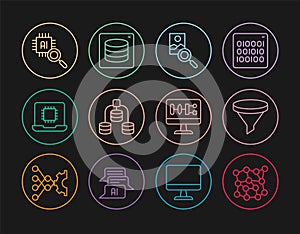 Set line Neural network, Funnel filter, Photo retouching, Server, Data, Processor CPU, Algorithm and icon. Vector