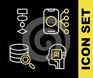 Set line Neural network, Humanoid robot, Server and Algorithm icon. Vector