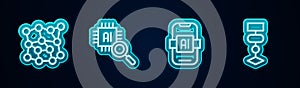 Set line Neural network, Processor CPU, Artificial intelligence AI and Algorithm. Glowing neon icon. Vector