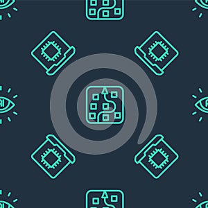 Set line Neural network, Processor CPU and Artificial intelligence AI on seamless pattern. Vector