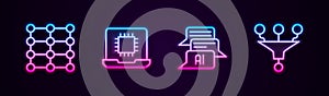 Set line Neural network, Processor CPU, Chat bot and Funnel filter. Glowing neon icon. Vector