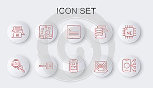 Set line Neural network, Processor CPU, Web developer programming code, Chat bot, Binary and Mobile phone icon. Vector