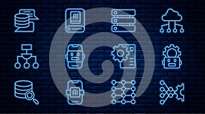 Set line Neural network, Robot setting, Server, Data, Chat, Algorithm, and Artificial intelligence AI icon. Vector