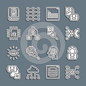 Set line Neural network, Robot setting, Web developer programming code, Server, Data, Processor CPU, Artificial