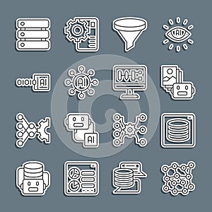 Set line Neural network, Server, Data, Artificial intelligence robot, Funnel filter, Binary code, and Algorithm icon