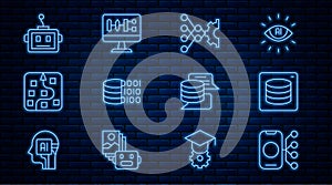 Set line Neural network, Server, Data, Binary code, Artificial intelligence robot, and Algorithm icon. Vector