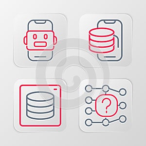 Set line Neural network, Server, Data, Cloud technology data transfer and Chat bot icon. Vector