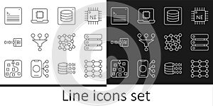 Set line Neural network, Server, Data, Funnel filter, Binary code, Web developer programming, and Processor CPU icon
