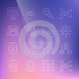 Set line Neural network, Server, Data, Processor CPU, Artificial intelligence robot, Algorithm and Web developer