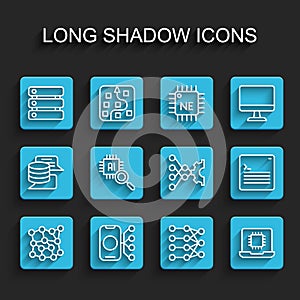 Set line Neural network, Server, Data, Processor CPU, Web developer programming code and icon. Vector