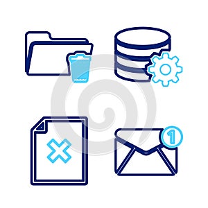 Set line New, email incoming message, Delete file document, Setting database server and folder icon. Vector