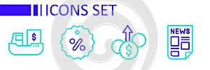 Set line News, Financial growth dollar, Discount percent tag and Cargo ship with boxes delivery icon. Vector