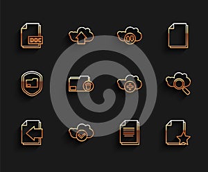 Set line Next page arrow, Cloud with check mark, DOC file document, Document, star, Delete folder, Search cloud
