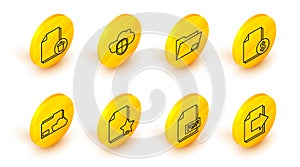 Set line Next page arrow, PDF file document, Document with star, Cloud storage text folder, Finance, and shield and