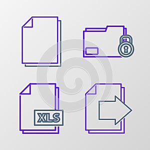 Set line Next page arrow, XLS file document, Folder and lock and Document icon. Vector