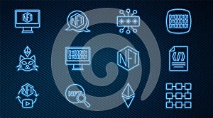 Set line NFT blockchain technology, Binary code, Cyber security, Digital crypto art, Monitor with store app, and icon