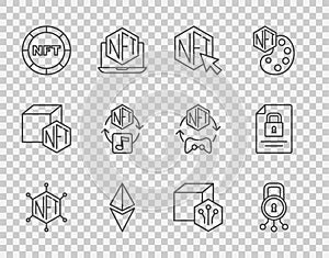 Set line NFT blockchain technology, Cyber security, Digital crypto art, Ethereum ETH, and Document and icon. Vector