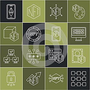 Set line NFT blockchain technology, Digital crypto art, Binary code, Ethereum ETH and Mobile with store app icon. Vector