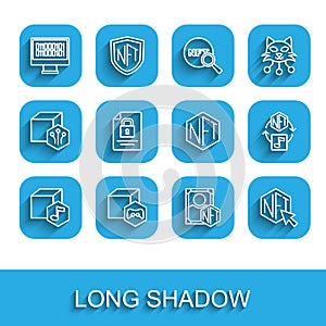 Set line NFT Digital crypto art, Binary code, Document and lock, and icon. Vector