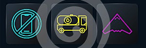 Set line No cell phone, Jet fighter and Fuel tanker truck. Black square button. Vector