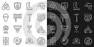 Set line No fire, Burning car, Ringing alarm bell, Fire boots, hose reel, cone bucket, and Firefighter axe icon. Vector