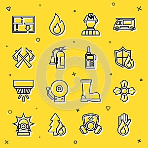 Set line No fire, Firefighter, protection shield, extinguisher, axe, Evacuation plan and Walkie talkie icon. Vector