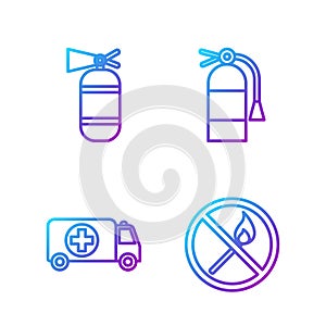 Set line No fire match, Ambulance and emergency car, Fire extinguisher and Fire extinguisher. Gradient color icons