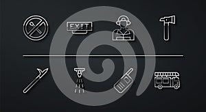 Set line No fire match, Metal pike pole, Firefighter axe, Walkie talkie, sprinkler, exit, truck and icon. Vector