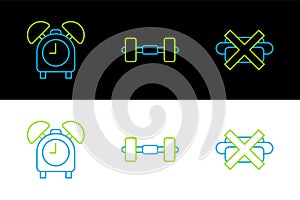 Set line No junk food, Alarm clock and Dumbbell icon. Vector