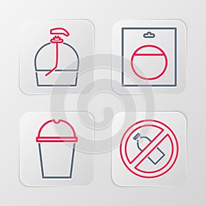 Set line No plastic bottle, Paper glass water, Battery in pack and Bottle of liquid soap icon. Vector