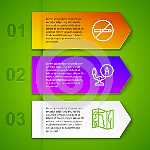 Set line No Smoking, Aircraft steering helm and World travel map. Business infographic template. Vector