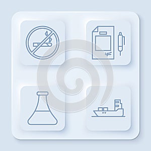 Set line No Smoking, Contract money and pen, Oil petrol test tube and Oil tanker ship. White square button. Vector