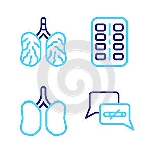 Set line No smoking, Lungs, Nicotine gum blister pack and Disease lungs icon. Vector