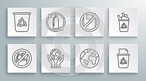 Set line No trash, Recycling plastic bottle, Human hands holding Earth globe, Recycle bin with recycle symbol, Say no to
