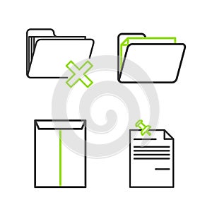 Set line Note paper with pinned pushbutton, Envelope, Document folder and Delete icon. Vector