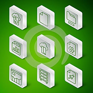 Set line Note paper with push button, Archive papers drawer, Cloud database, Document graph chart, File document, Graph