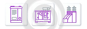 Set line Nuclear power plant, Car battery and Diesel generator icon. Vector