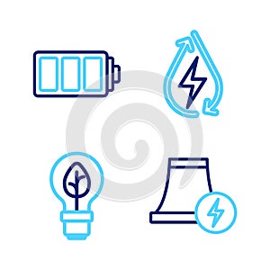Set line Nuclear power plant, Light bulb with leaf, Water energy and Battery icon. Vector