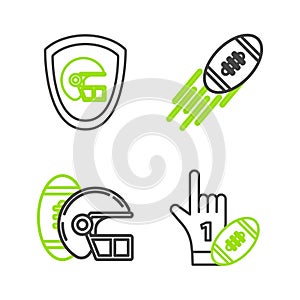 Set line Number 1 one fan hand glove with finger raised and american football ball, American Football helmet, and shield