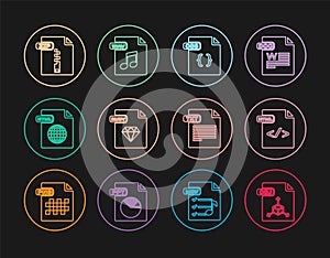 Set line OBJ file document, HTML, CSS, RUBY, ZIP, TXT and WAV icon. Vector