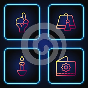 Set line Octagonal star, Burning candle, Hands praying position and Turkish hat. Gradient color icons. Vector