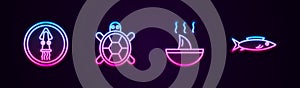 Set line Octopus on a plate, Turtle, Shark fin soup and Fish. Glowing neon icon. Vector