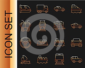 Set line Off road car, Car, Tram and railway, Trolleybus, Train and Rv Camping trailer icon. Vector