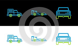 Set line Off road car, Delivery cargo truck vehicle and Formula race icon. Vector