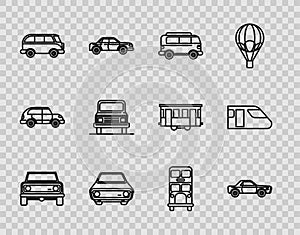 Set line Off road car, Sedan, Retro minivan, Car, Double decker bus and Train icon. Vector