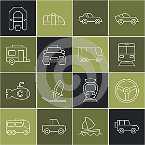 Set line Off road car, Steering wheel, Train and railway, Car, Taxi, Rv Camping trailer, Rafting boat and Bus icon